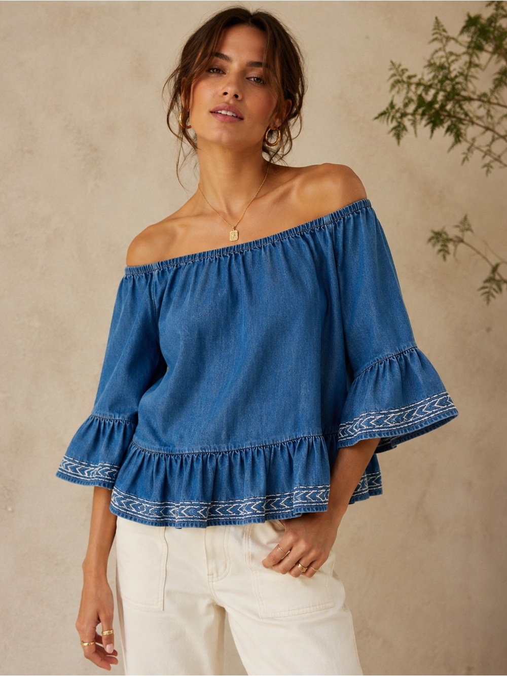 Walter Baker Off the Shoulder Ruffle Denim Smock Top